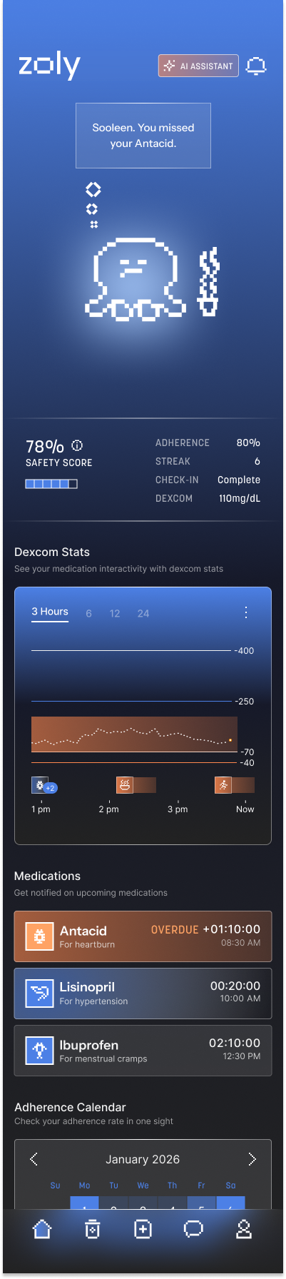 Zoly App - Home Screen with Dexcom Stats, Medications, and AI Assistant